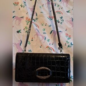 NWOT Brighton Cher Black Croc Patent Leather Double Flap Crossbody Purse Bag
